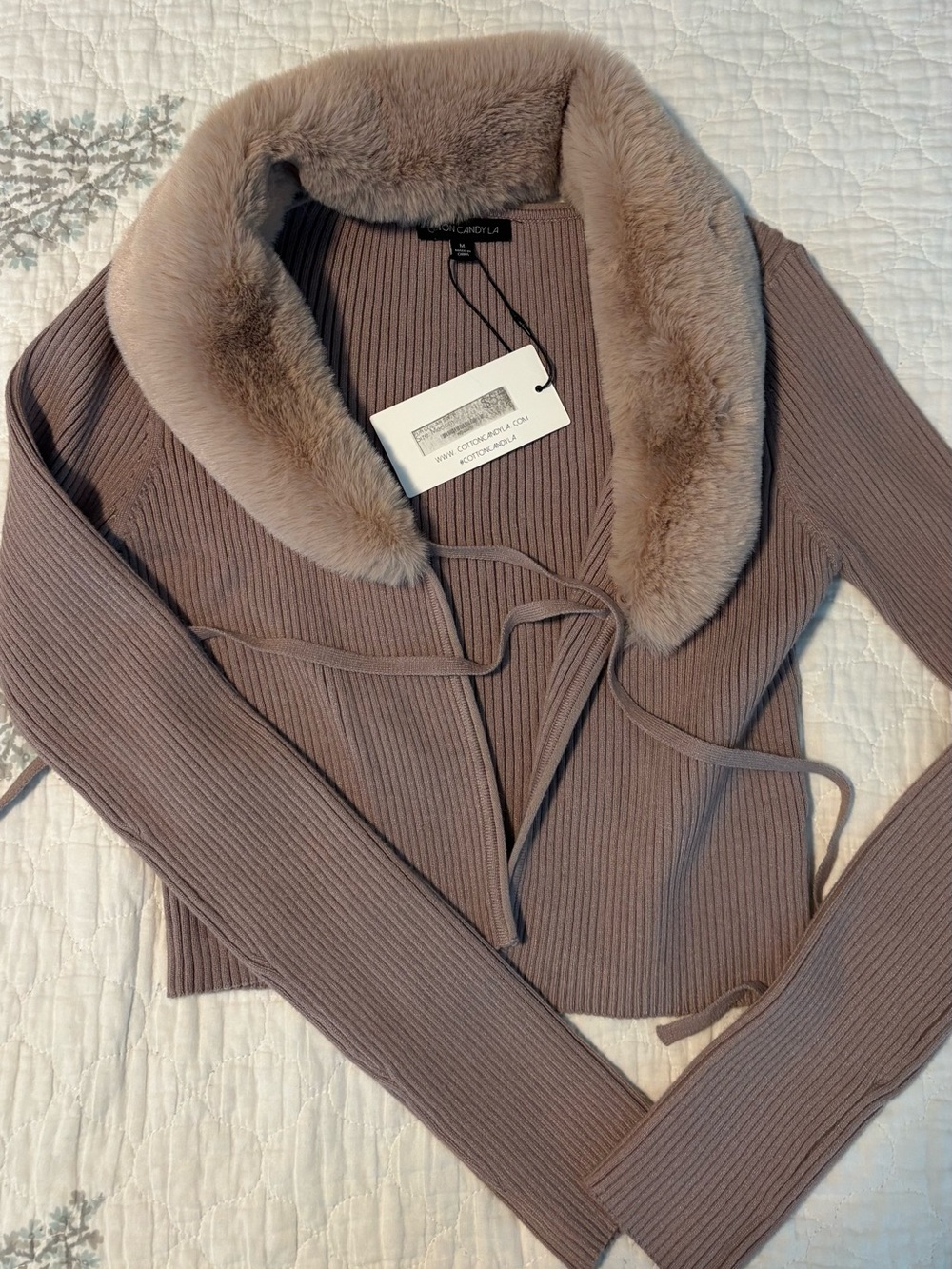 Faux Fur Trim Ribbed Wrap Sweater